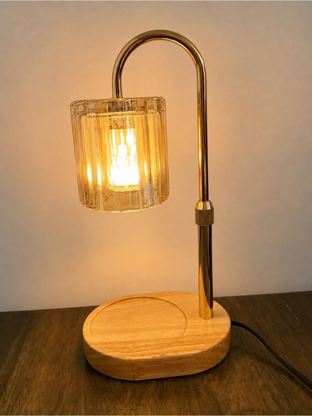Candle Warmer Lamp Timer Dimmer Gold Amber Glass Wood Base